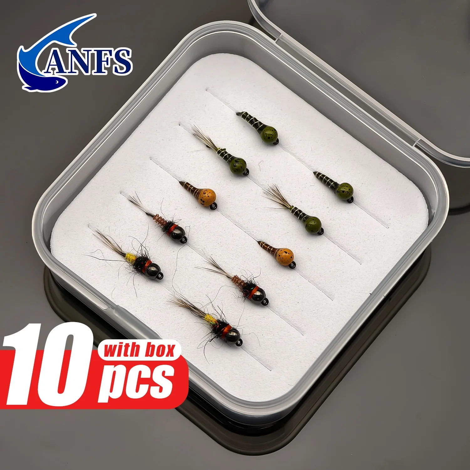 ANFS 10 unids/caja cabeza de cuentas de tungsteno mosca húmeda-cabeza de cuentas de tungsteno compensada sin púas señuelos de mosca de ninfa húmeda para trucha, grailismo, perca - imagen 2