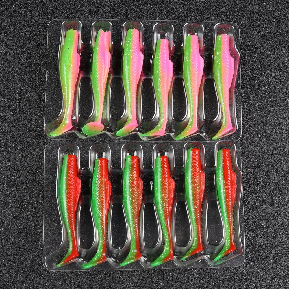 Señuelos blandos de 55mm/1,6g, cebos de pesca de cola en T, cebos blandos de doble Color, sábalo Artificial de silicona, Wobblers para lubina y Lucio - imagen 5