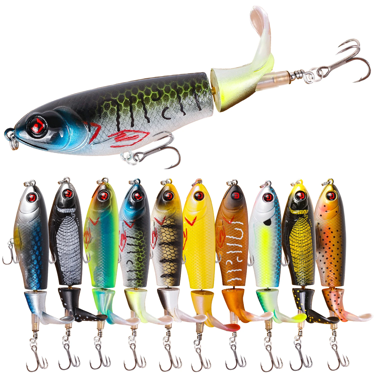 Whopper Popper-señuelo de pesca Topwater, cebo duro Artificial, ojos 3D, Plopper, cola giratoria suave, aparejos de pesca, 10,5 cm, 17g, 1 ud.