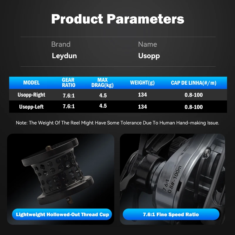 Carretes de Baitcasting Leydun DC Usopp 7,6:1 relación de engranaje 134g ultraligero 4,5 kg potencia de arrastre carrete de pesca Baitcaster aparejos - imagen 2