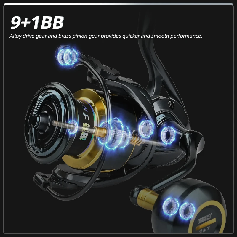 MEREDITH EZGO-carrete de pesca giratorio con cuerpo de Metal de aleación mejorada, 25KG, resistencia máxima de la arandela de carbono, 9 + 1bb, común a todas las aguas - imagen 2