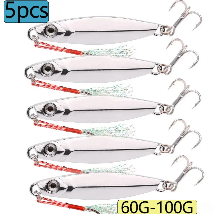 Señuelo de pesca con cuchara de Metal fundido de mar, 5 uds., 60g-100g, cebo Artificial duro que se hunde para atún, lubina, aparejos de pesca Jigging de agua salada - imagen 3