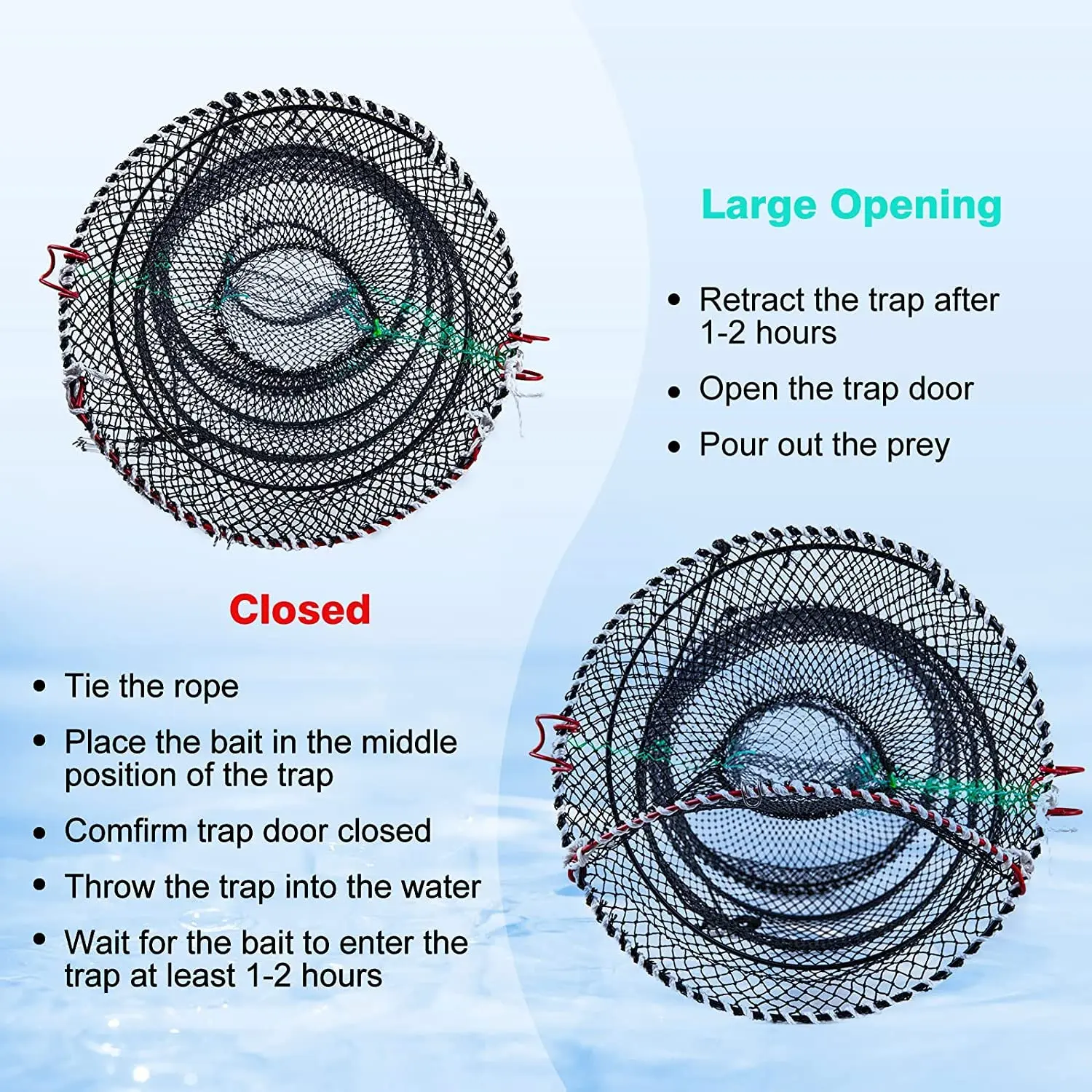 Goture-trampa portátil para cangrejo, red plegable para pesca, pececillo, cangrejo, camarón, langosta, cebo, Red con cuerda de mano de 32 pies - imagen 3