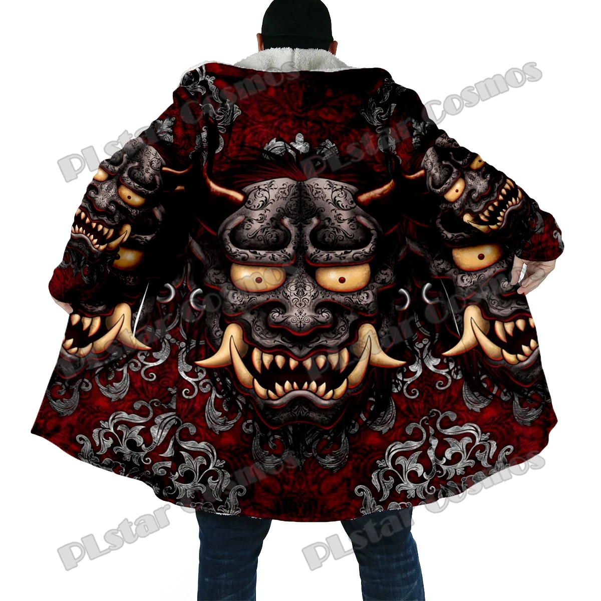 Capa de invierno a la moda para hombre, máscara samurái Oni, tatuaje, estampado 3D, capa gruesa de lana con capucha, capa cálida informal Unisex DP59 - imagen 3