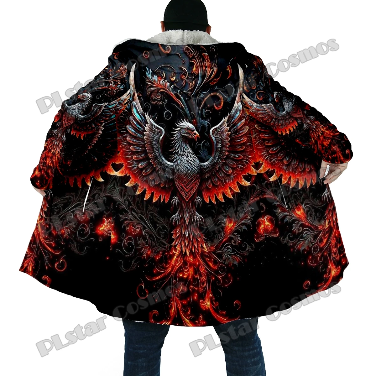 2025 capa de moda de invierno para hombre, patrón Retro de Fénix, capa con capucha de lana gruesa con estampado 3D, capa cálida informal Unisex DP40 - imagen 5