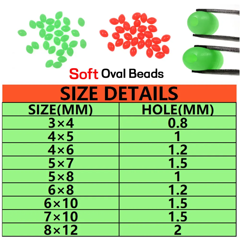 Bimoo, 100 Uds., cuentas de pesca ovaladas suaves y luminosas, fregadero redondo, cuentas de Lumo brillantes para anzuelo triple, aparejos de pesca, Señuelos de Pesca verdes y rojos - imagen 3