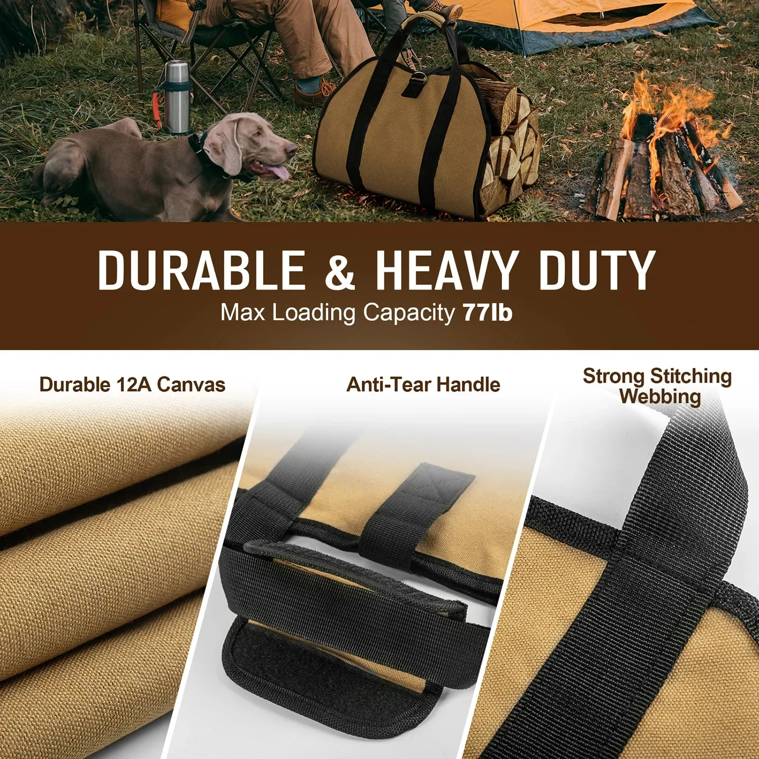 Goture Bolsa de almacenamiento para leña de 39 x 18 pulgadas, resistente al calor y a desgarros para soportes de troncos de interior con asa y hoguera al aire libre - imagen 5