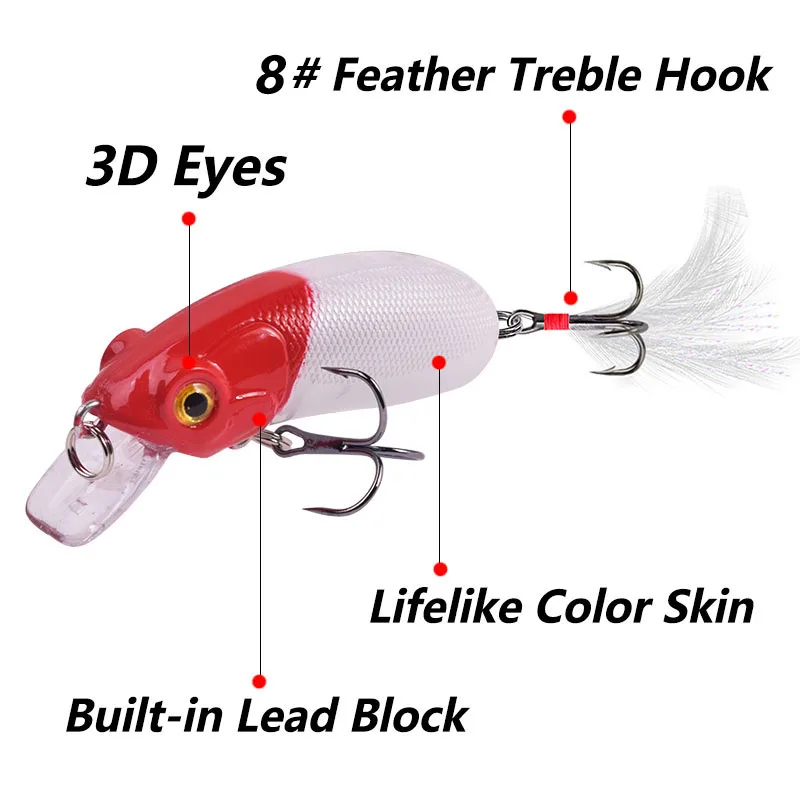 Señuelo de pesca de pececillo que se hunde, 1 piezas, 6cm, 10g, Crankbaits realistas, Wobblers, cebo Artificial de plástico con ganchos de plumas 8 #, aparejos de lubina