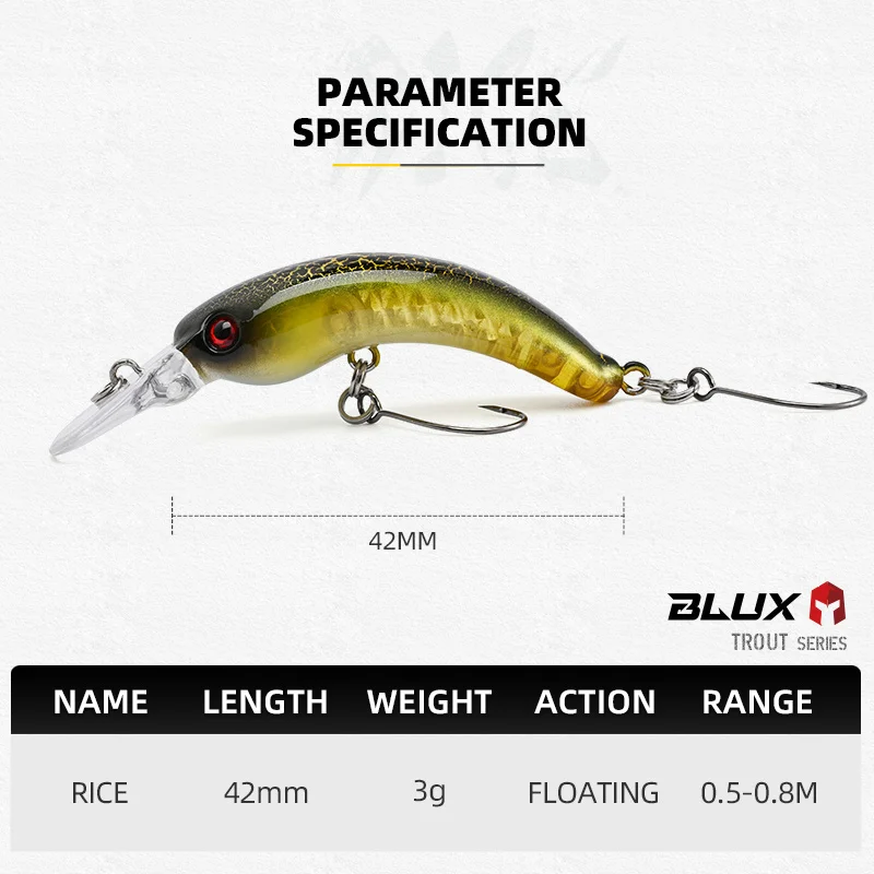 BLUX RICE Crankbait 3g 42mm área trucha Mini Wobbler señuelo de pesca pececillo de agua dulce BFS cebo duro Artificial aparejos de corriente - imagen 2