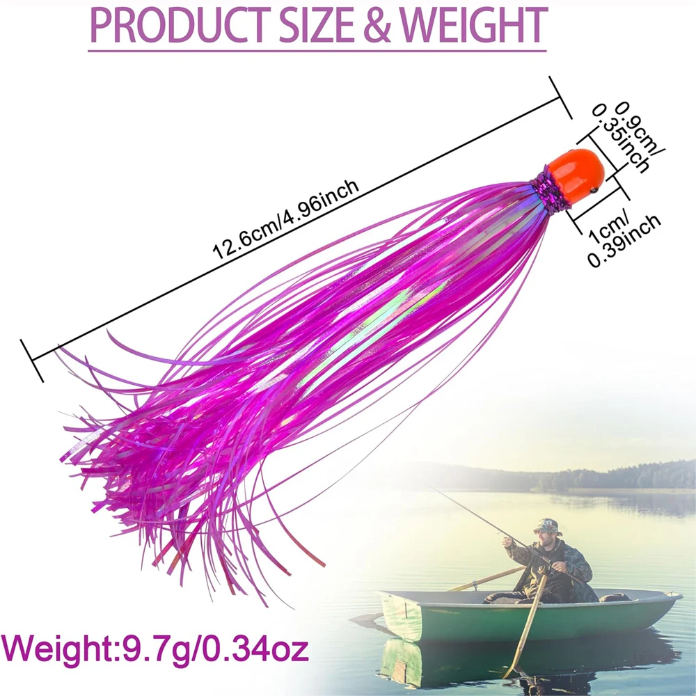 Señuelos de Pesca de cola de gallo, línea de cristal, cabeza de plantilla, falda, cebo, cabeza de plantilla pesada, aparejos de pesca de curricán, 10 piezas, Teaser Mylar Flash, 9,5g - imagen 2