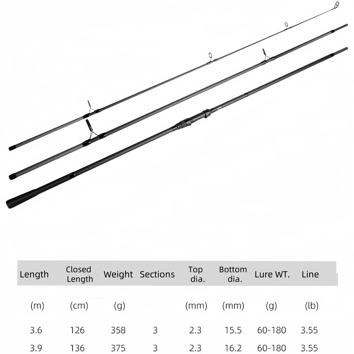 3,6/3,9 m 13 pies 3 secciones caña de pescar de carpa europea de carbono anillos grandes giratorios portátiles H potencia dura caña de surf pesada señuelo 60-180g - imagen 3