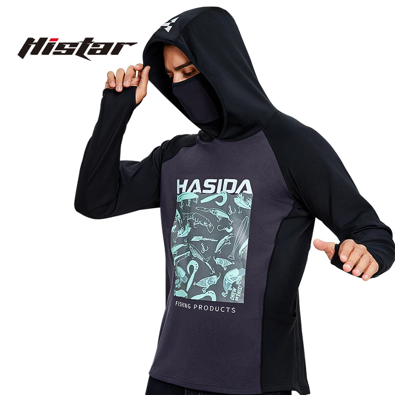 HISTAR camuflaje pez 3D Cutt cubierta facial completa UVF95% bloqueo de calor bolsillo grande puños de dedo chaqueta de pesca de lana sudadera tela - imagen 4