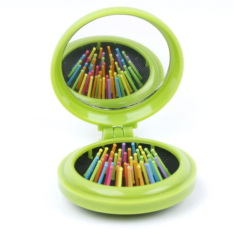 Mini peine de masaje plegable portátil, cepillo de pelo de viaje redondo con espejo, lindo peine Antiestático de arcoíris, nuevo - imagen 3