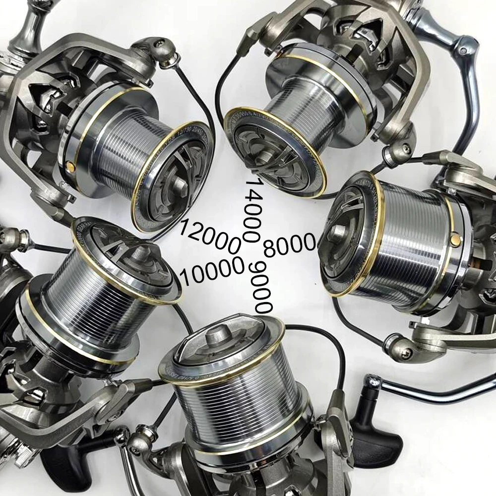Carretes giratorios de 8000-14000Sereis, arrastre potente de 20KG, 4,8:1, agua dulce y salada para pesca de carpa, carrete de pesca ultraligero para Surf - imagen 5