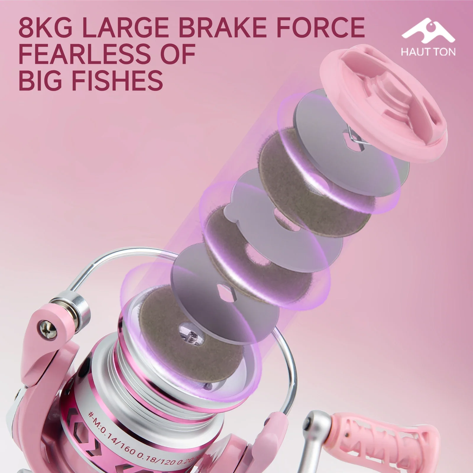 Carrete de pesca giratorio ligero PINK PURPLE, 3 + 1BB, relación de engranaje de alta velocidad 5,2: 1, arrastre máximo de 8KG, carrete de Metal y brazo basculante - imagen 4