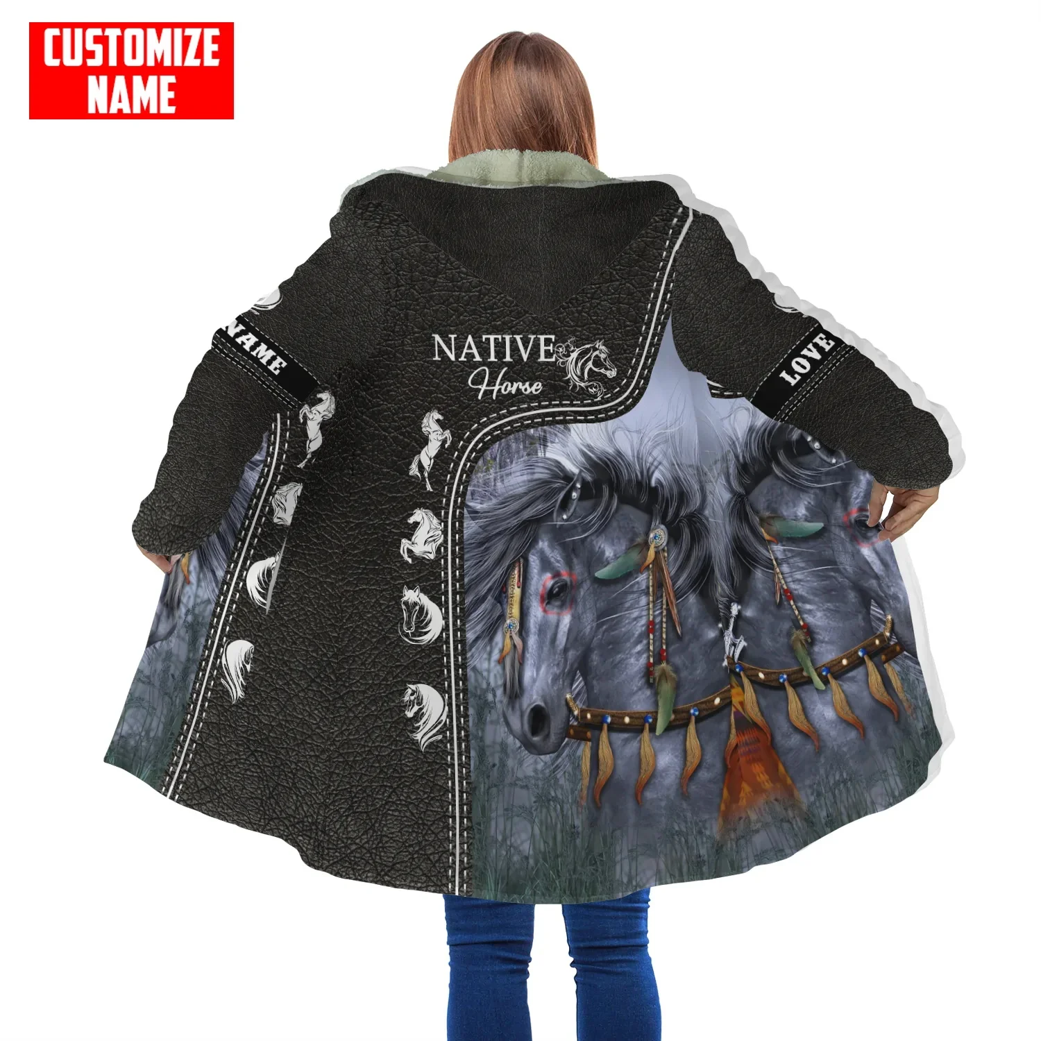 Capa de invierno a la moda para hombre, capa con capucha de lana gruesa con estampado 3D de caballo nativo indígena aborigen, capa cálida informal Unisex DP29 - imagen 2