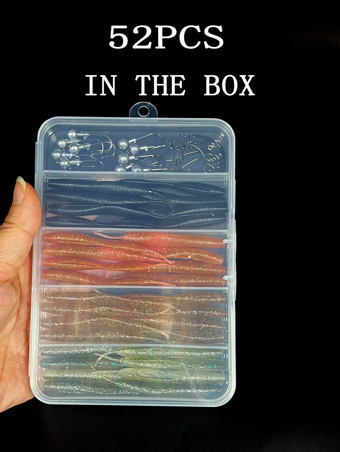 Donglexian-Juego de cola de aguja de haya, caja de plástico, embalaje de silicona, cebo de pesca, anzuelo de cabeza de plomo, anzuelo de manivela, pesca al aire libre, 52 unids/lote por caja - imagen 5