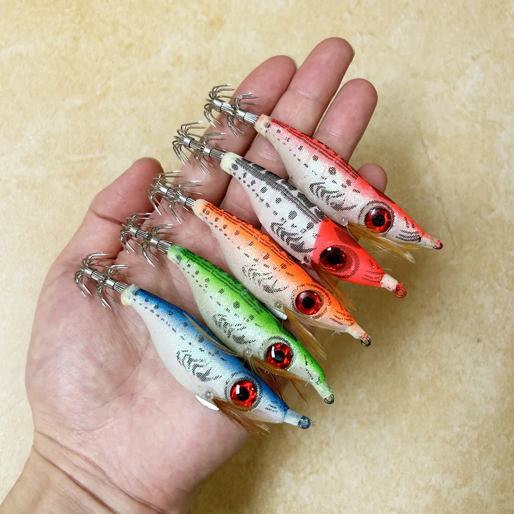 Juego de 5-25 Piezas de Señuelos de Pesca de 9g/10cm, Plomada de Pesca, Anzuelo para Calamar, Camarón de Madera, Pulpo Artificial, Sepia, Camarón, Cebo Duro