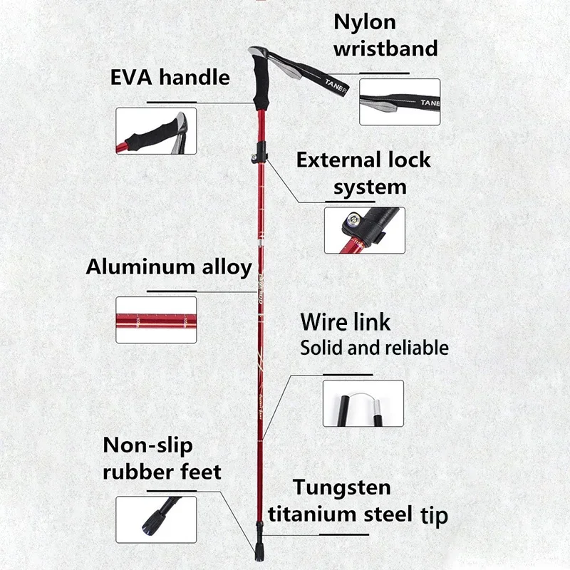 Bastón de Trekking plegable ultraligero, bastón portátil antigolpes para caminar en la nieve Alpenstock para escalar y senderismo ajustables al aire libre - imagen 4