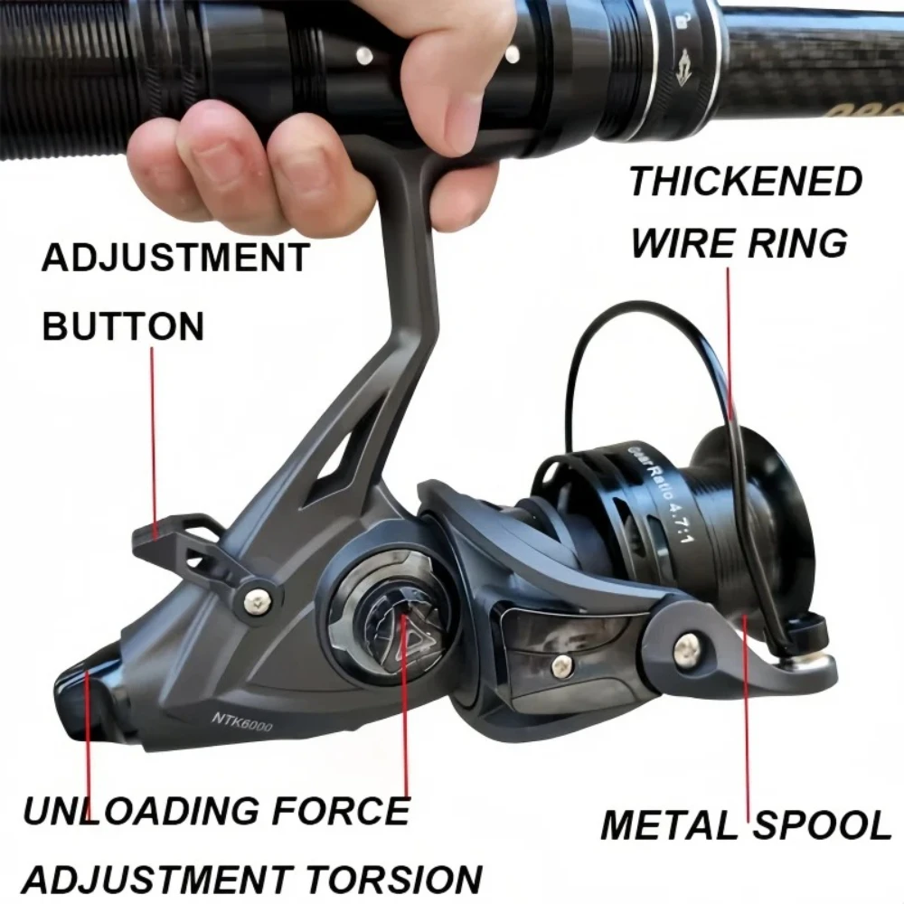 Carrete de Pesca giratorio de carpa 3000-6000, 5,2: 1/4, 7:1, doble sistema, arrastre máximo fuerte, carrete de aluminio CNC de 10kg, carrete de Pesca de mar - imagen 4