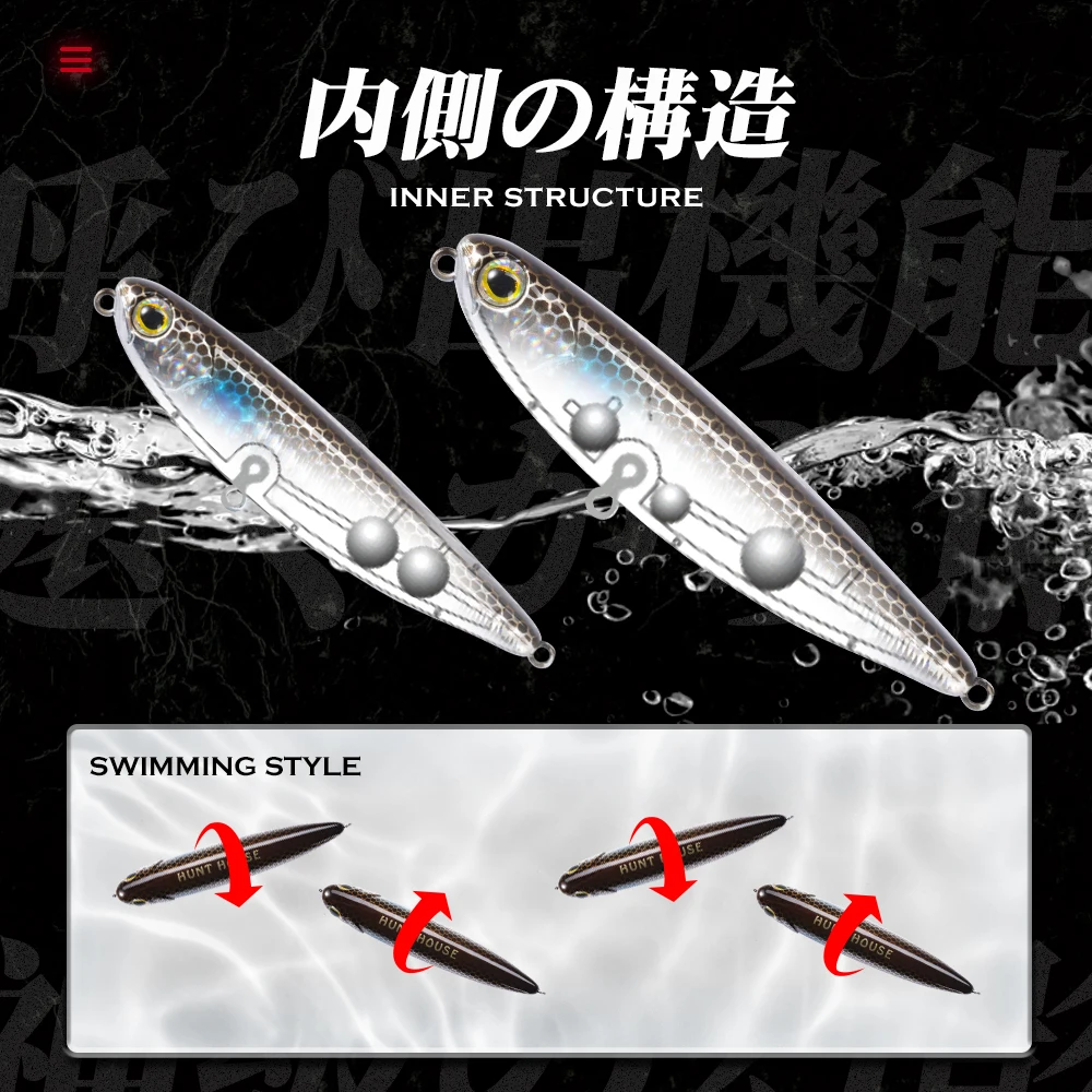 Hunthouse-señuelo de pesca con lápiz flotante, superficie dura de 60mm, 90mm y 100mm, WTD, agua salada para Lucio, lubina, trucha, aparejos de pesca - imagen 3