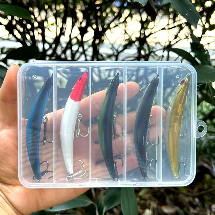Señuelos de Pesca de plástico duro, cebos artificiales falsos para pesca de pececillos, Wobblers para curricán, Lucio, trucha, Topwater, 5 unids/lote por caja - imagen 2