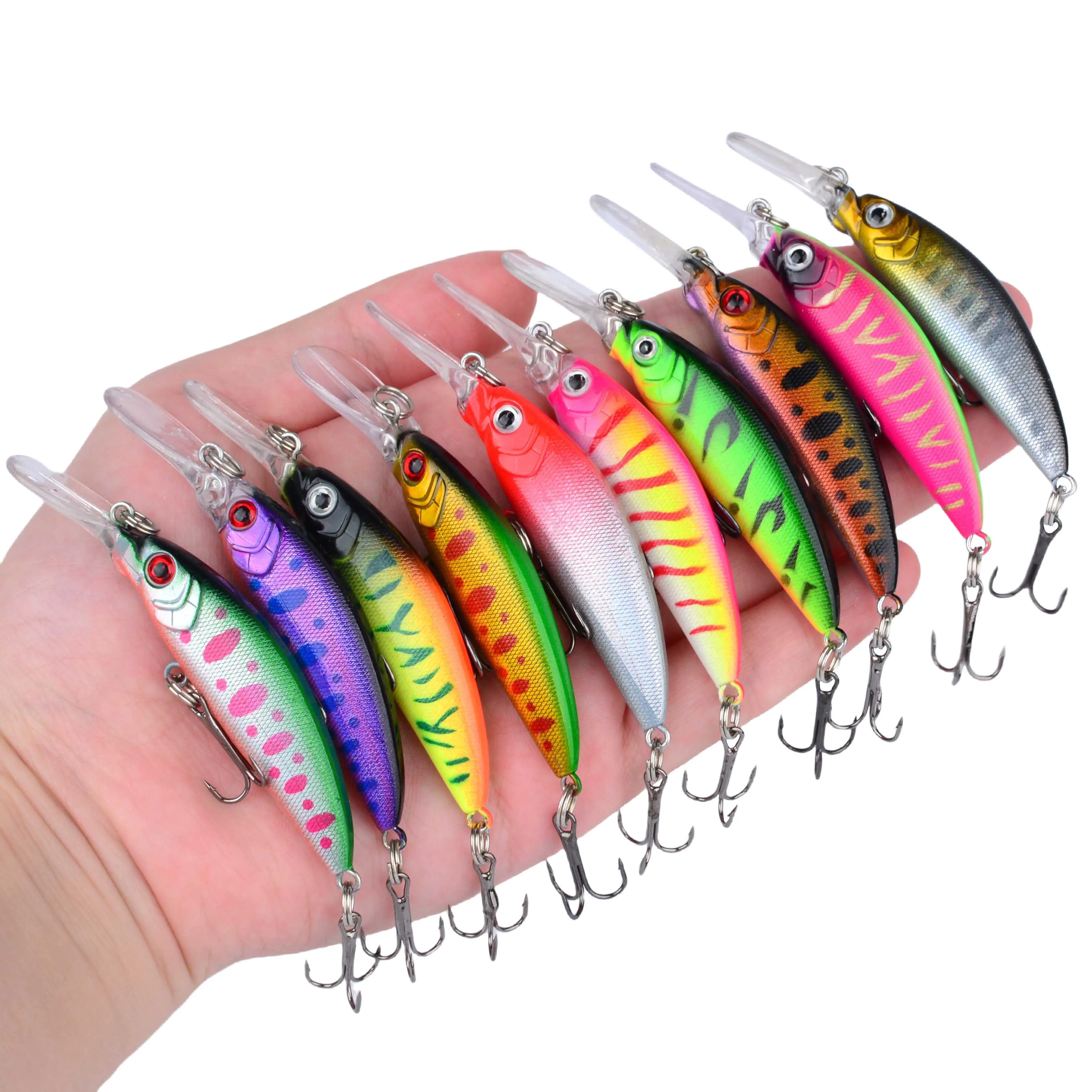 10 Uds señuelo de pesca Minnow manivela cebo tres ganchos Artificial Wobbler Jig Swimbait ojos 3D para señuelo aparejos de pesca