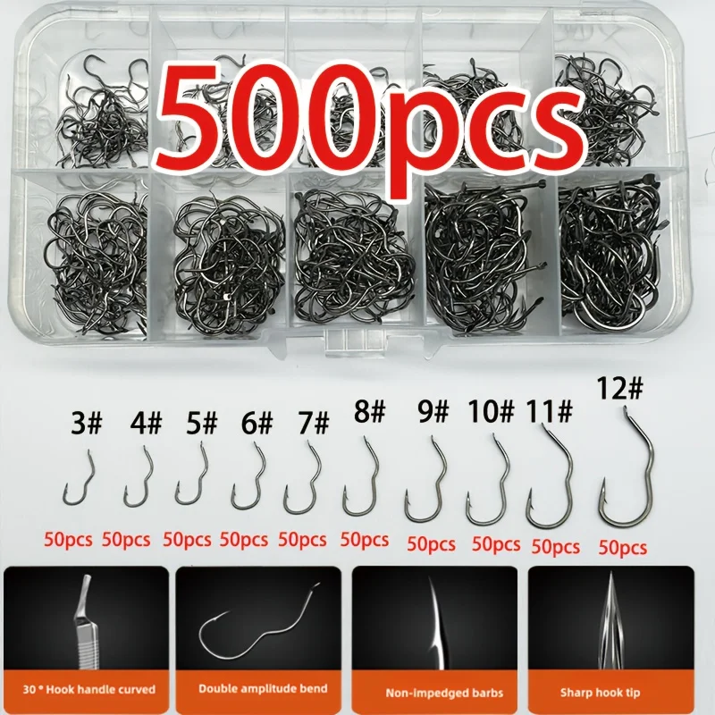 Juego de anzuelos de pesca de acero al carbono 300/500, incluidos tamaños 3-12, con anzuelos afilados con púas - imagen 3