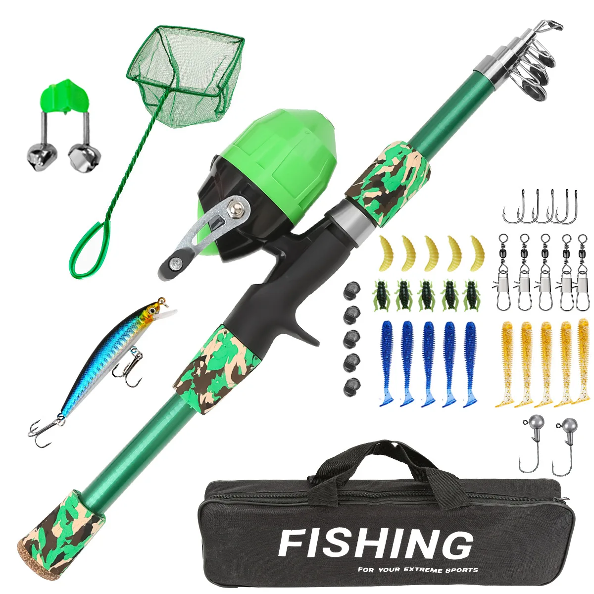 Combo de caña de pescar y carrete para niños de 1,5 M, Kit completo de caña de pescar telescópica con carrete Spincast para niños y niñas