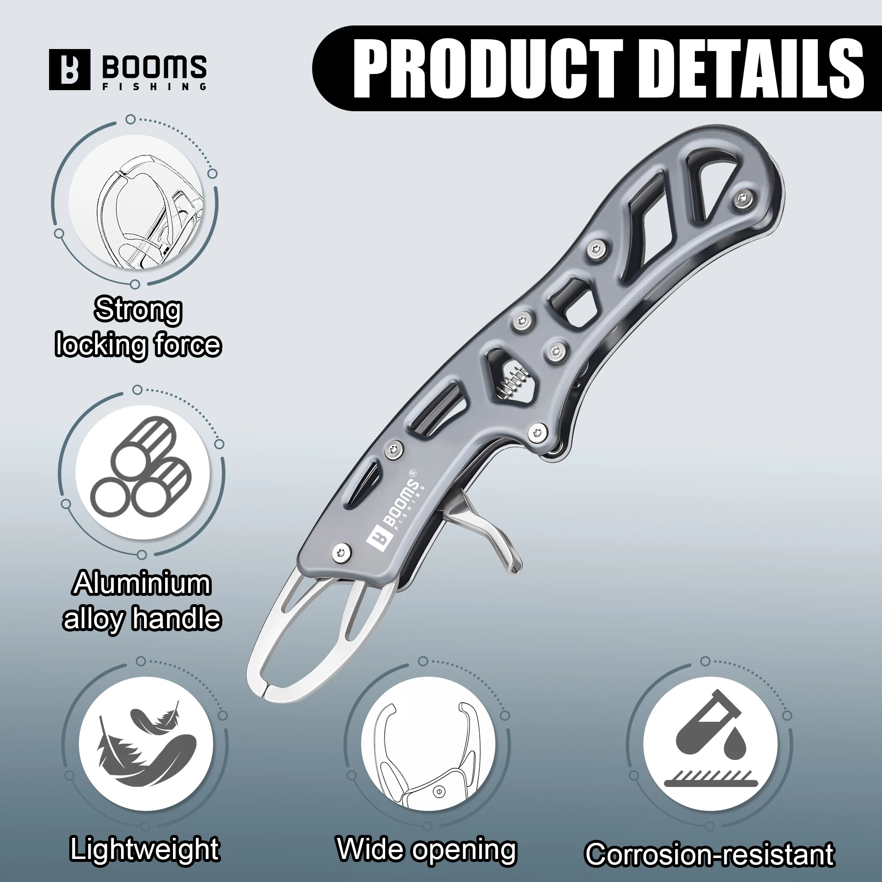 Booms Fishing G17 aleación de aluminio 8,3 pulgadas pinza de agarre para peces peso máximo 20KG equipo de pesca de agua salada con cuerda de herramientas - imagen 3