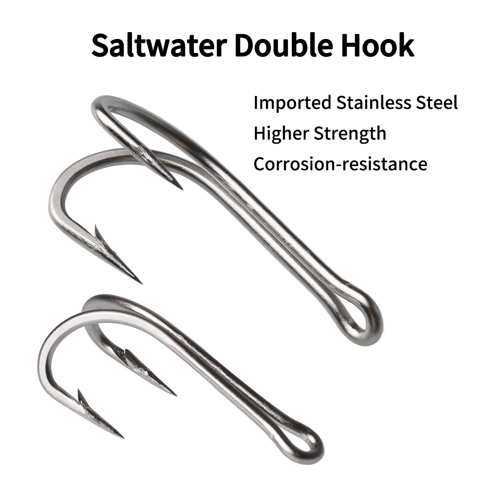 EllillV # 28- # 20 anzuelos dobles de pesca en el mar, anzuelo doble de acero inoxidable resistente para tapones, señuelo de curricán, pesca en barco con tiburones y atún - imagen 4