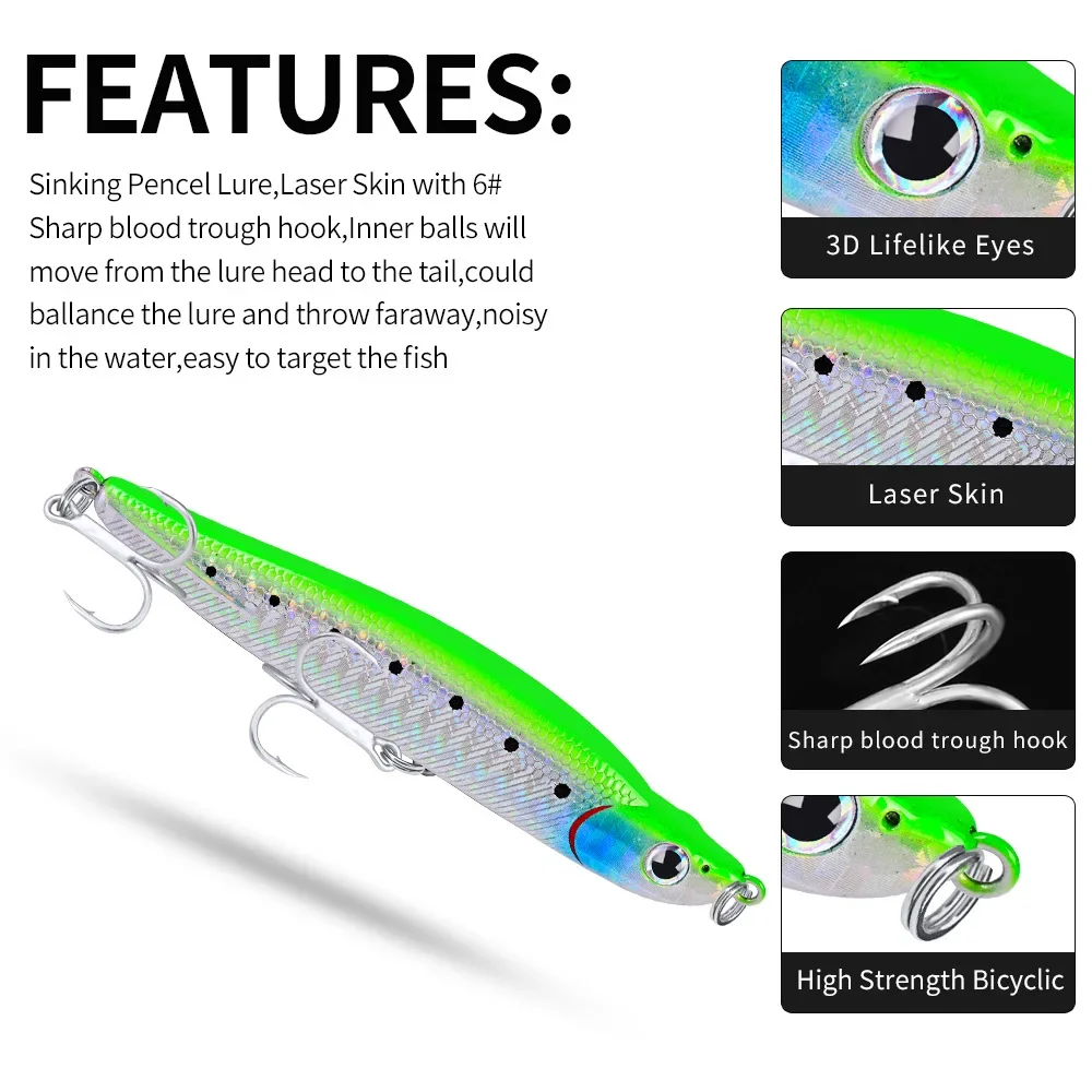 Señuelos de Pesca de lápiz que se hunden, cebo Artificial para lubina, Swimbait, equipo de Pesca, 100mm, 17g - imagen 4