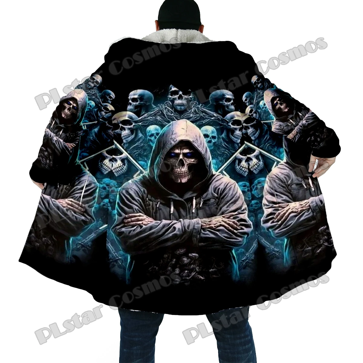 Capa de moda de invierno para hombre, capa con capucha de lana gruesa con estampado 3D de calavera divertida, capa cálida informal Unisex DP48 - imagen 5