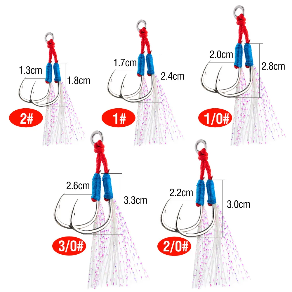 Gancho de ayuda de plantilla de Metal STBT, anzuelos dobles, anzuelo de Pesca de mar de acero rico en carbono, anzuelo brillante de fibra UV, Peche de Jigging lento para lubina - imagen 3