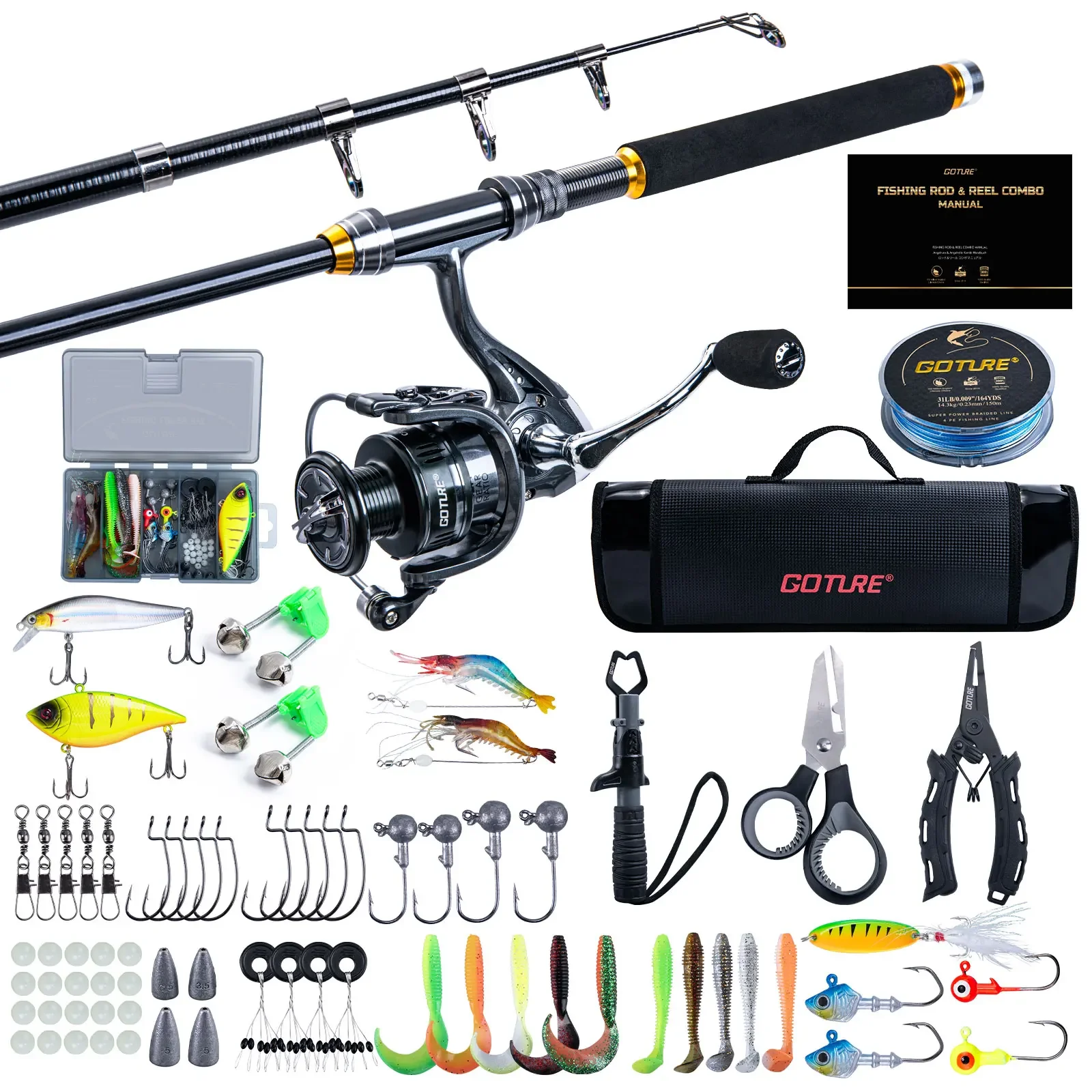 Kit completo de pesca Goture con caña telescópica, carrete y accesorios