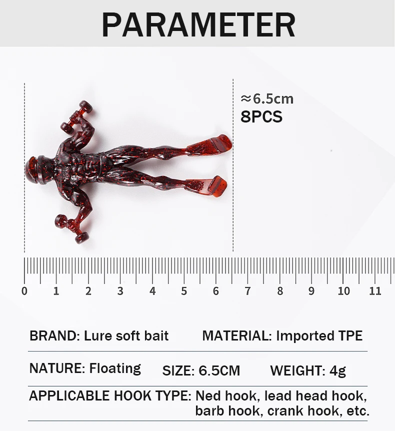 8 Uds 65mm señuelo suave humanoide cebo suave perca pez mandarín boca inclinada pozo negro Pesca salvaje agua flotante Gamba Pesca - imagen 3