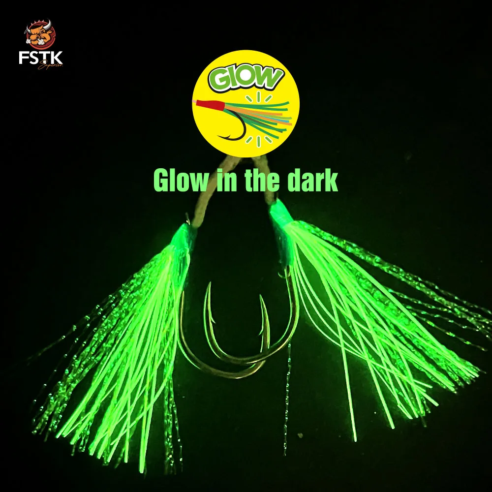 WEIHAI FSTK anzuelo de Metal anzuelos dobles Pesca anzuelo de Pesca de mar de acero rico en carbono anzuelo brillante de fibra UV Jigging lento Peche - imagen 3