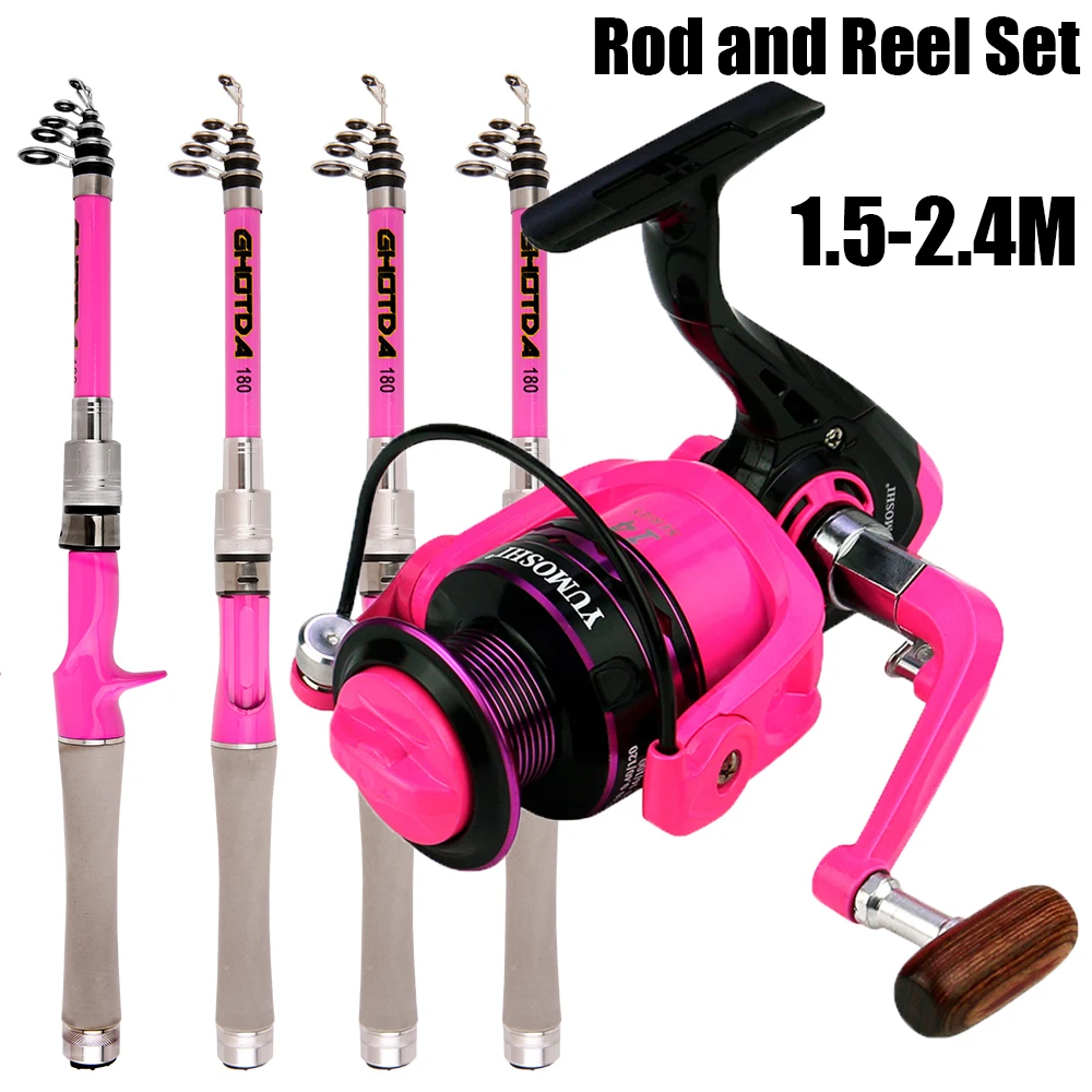Combo de caña giratoria y carrete para Pesca de lubina, Mini cañas de pescar telescópicas de 1,5 M, 1,8 M y 2,4 M, juego de carretes de Pesca con carrete de Metal, chica rosa
