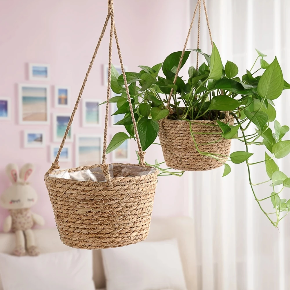 Cesta de almacenamiento de plantas de jardín para decoración del hogar, macetero colgante tejido para interiores y exteriores, soporte para maceta, perchas para plantas de macramé - imagen 3