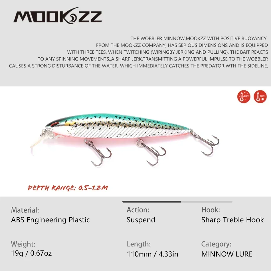 MOOKZZ-señuelo de suspensión de pececillos de mar, anzuelo duro oscilante, ojos 3D, 110MM, 19G, Crankbait - imagen 3