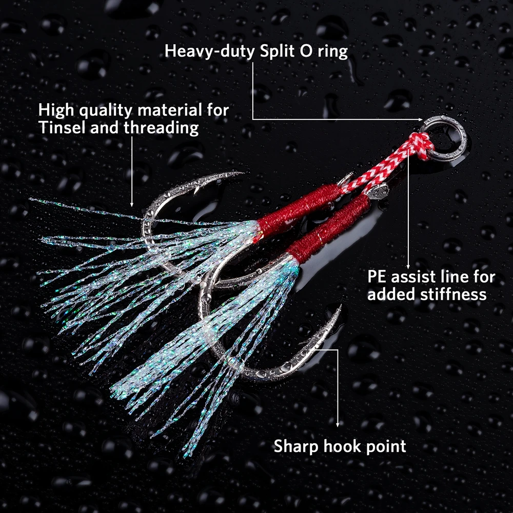 Goture-Kit de anzuelos de doble asistencia, 5 uds., gancho de Jigging que brilla en la oscuridad para señuelos de Jigging verticales de caída lenta y rápida, aparejos de pesca de agua salada - imagen 4
