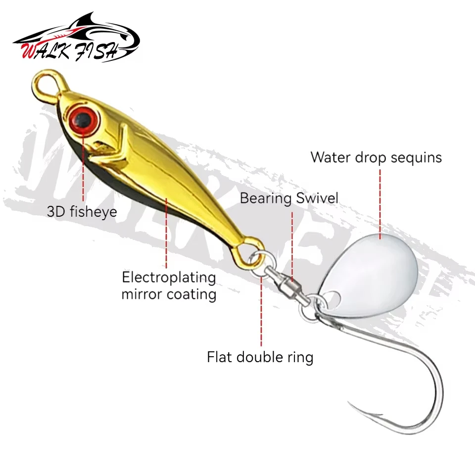 WALK FISH-cebo Artificial con lentejuelas giratorias, delfín pequeño galvanizado, pesca en el mar, caballa, Lucio, Metal dorado y plateado, 5g-40g - imagen 4