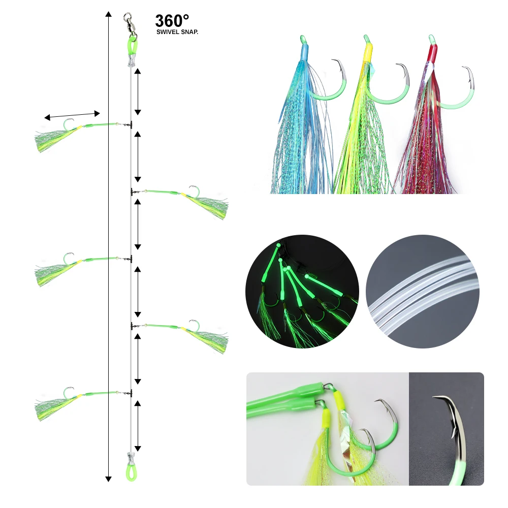 ZYZ 1 pieza de aparejos de caída profunda con 5 anzuelos circulares luminosos, aparejos de cebo de pesca para barcos de agua salada, Ideal para atún, bacalao, Redfish Marlin - imagen 5