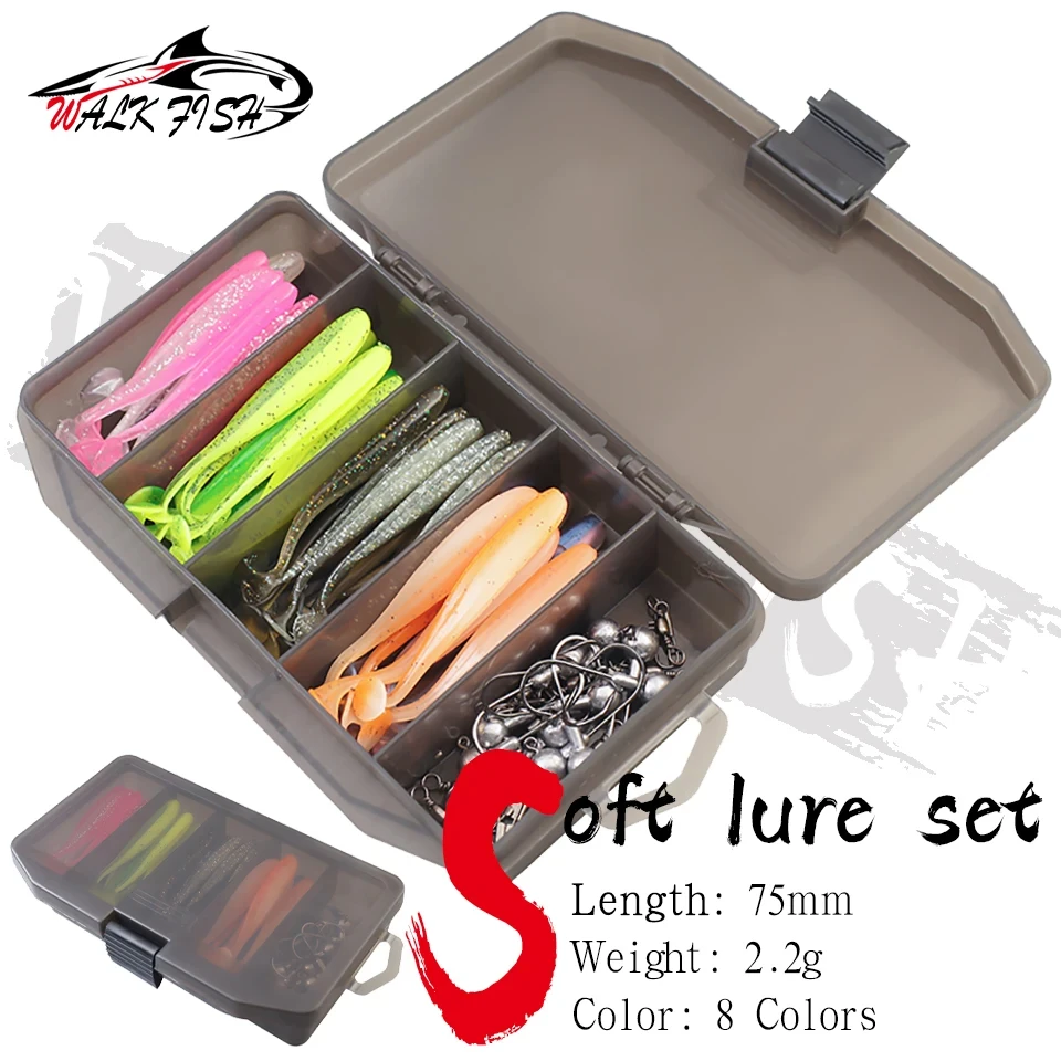 WALK FISH-Juego de 61 piezas de cebo de pescado asiático, gancho de cabeza de plomo con cola en T para insectos suaves, cebo suave de largo alcance, señuelo de pesca mandarín