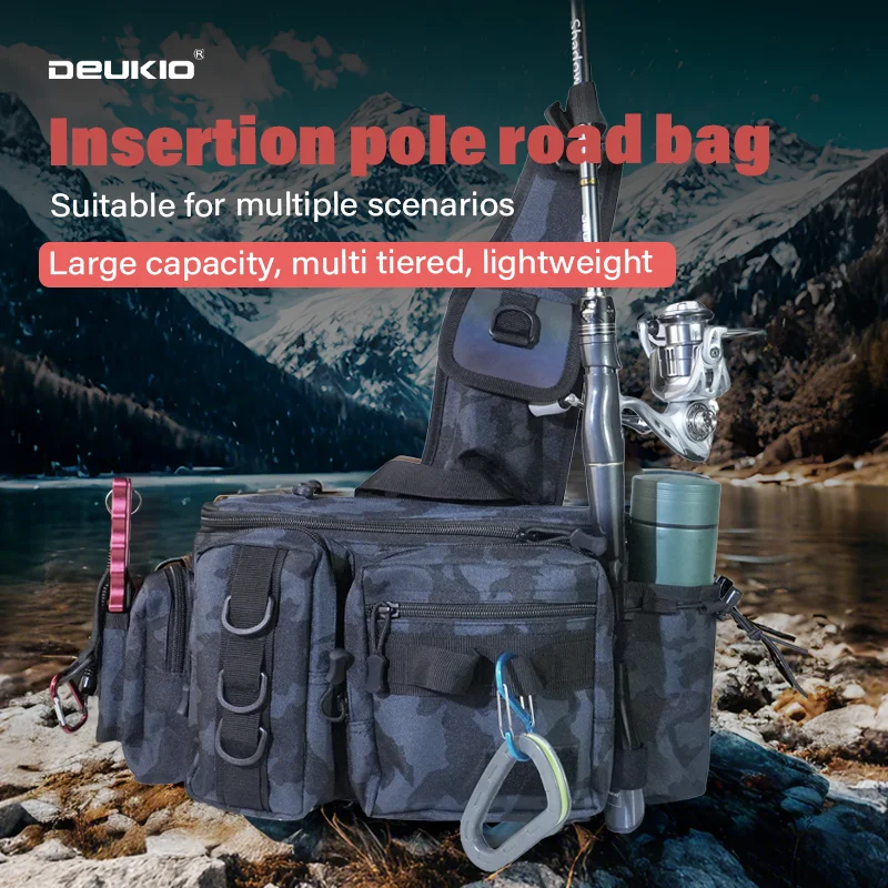 DEUKIO-mochila para equipo de pesca, caja de cebo, bolsa de almacenamiento para equipo, mochila de pesca para hombre con soporte para poste, bandolera - imagen 3