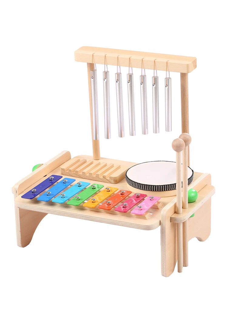 Combinación de carrillón de viento para niños, juego de tambor de xilófono, raspador de Guiro de madera, juego de instrumentos musicales 4 en 1 con 2 mazos - imagen 3