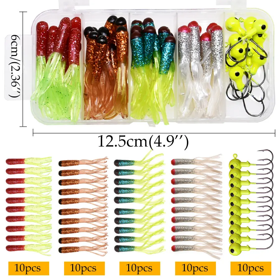 JYJ-Juego de Señuelos de Pesca de sílice, 50 piezas, 5cm, gusano de tubo suave con anzuelo de cabeza de plantilla de 3,5g, cebo de falda para lubina y perca - imagen 4