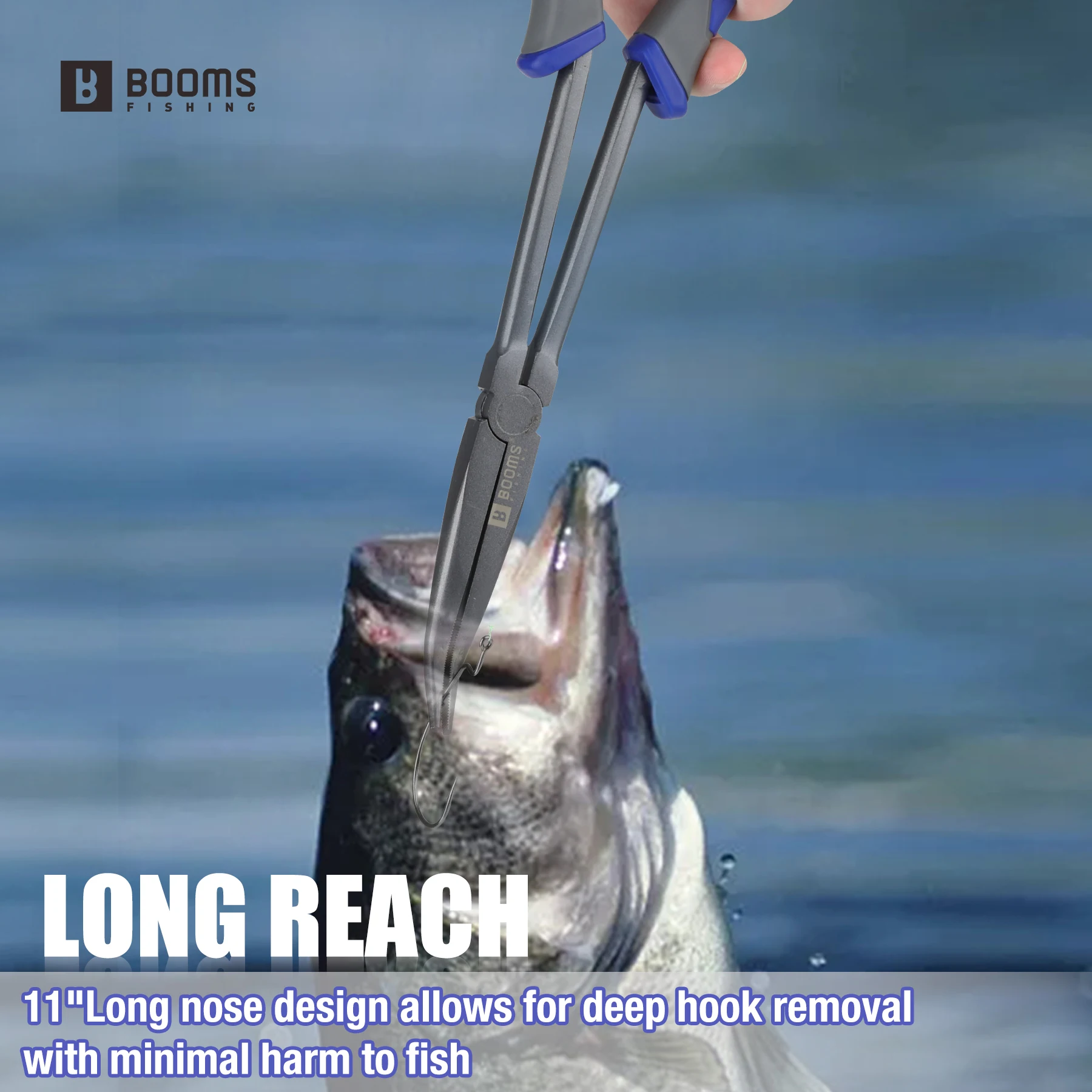 Booms-Alicates de punta larga de 28cm para pesca, removedor de anzuelos de agua salada y dulce para lubina, Snook, trucha, herramientas de pesca resistentes a la corrosión - imagen 4