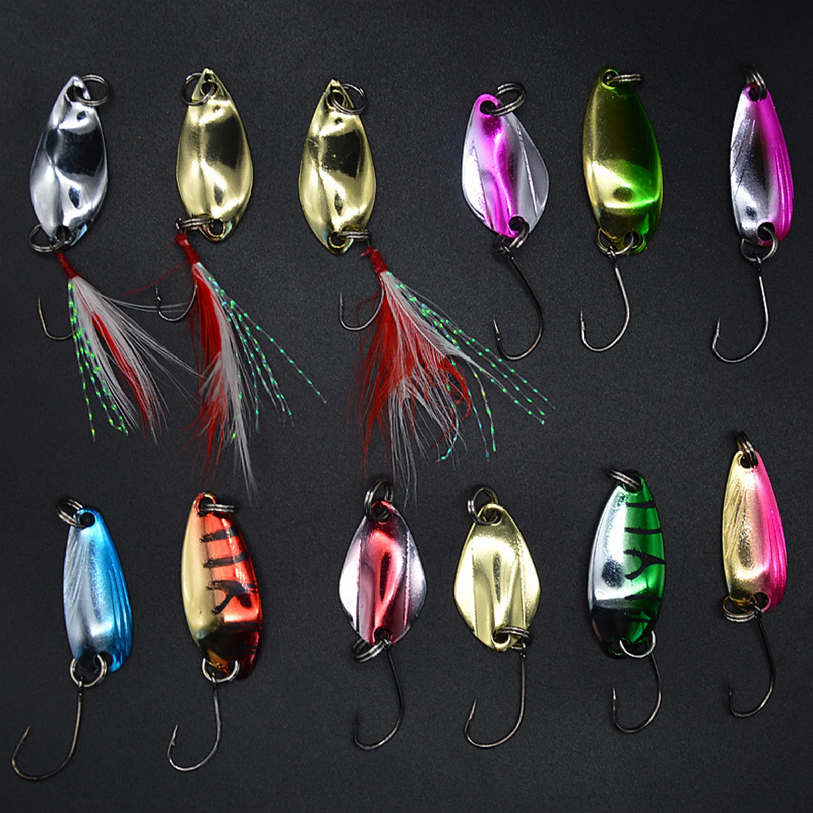 Señuelos de pesca en caja, cebo falso giratorio portátil, pluma Artificial, purpurina, accesorios de pesca en hielo para invierno, 12 Uds. - imagen 4