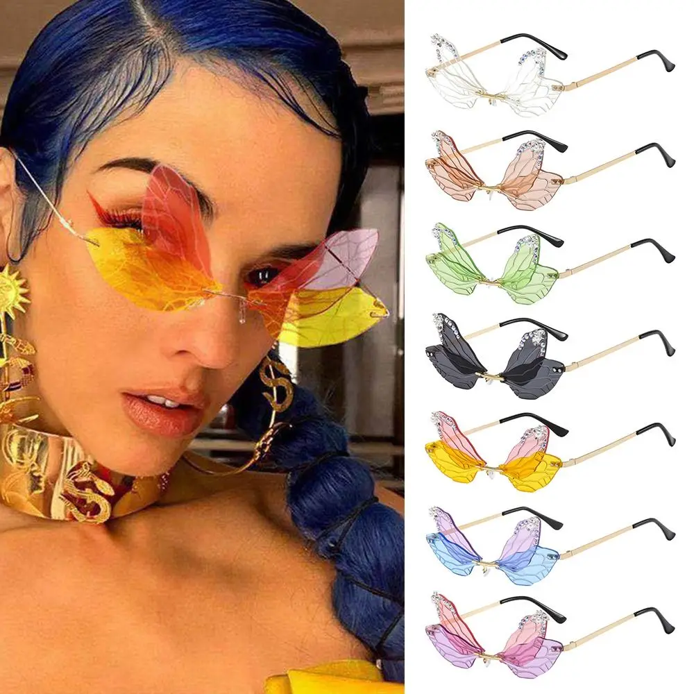 Gafas de sol irregulares sin montura para mujer, gafas de sol ostentosas con ala de libélula, gafas de sol de diamante - imagen 4